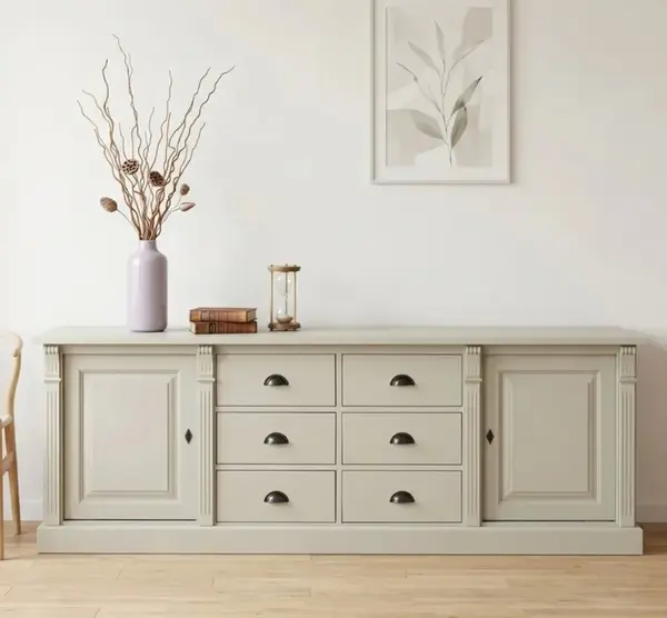 Bufet cu 2 usi, 6 sertare, BAS, Colectia Directoire cu finisaj Light Greige / Light Walnut Waxed