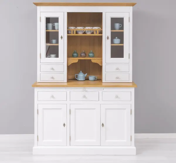 Bufet cu 3 usi, 3 sertare BAS + 2 usi sticla, 4 sertare, spatiu deschis SUP cu finisaj White / Honey Brown