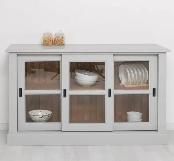 Bufet cu 3 usi sticla glisante, BAS cu finisaj Cool Grey / Walnut Waxed