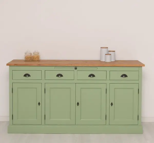 Bufet cu 4 usi, 4 sertare, BAS cu finisaj Muted Olive / Signal White / Walnut Waxed