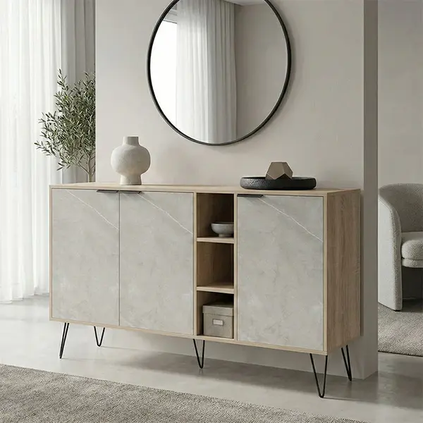 Bufet cu aspect marmură beige Balain , Modern, Lemn, 142x36x83 cm