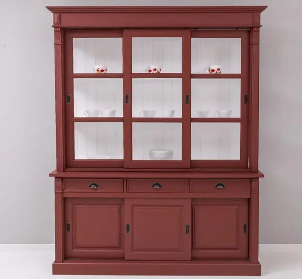 Bufet cu vitrina, 6 usi glisante, 3 sertare BAS + SUP cu finisaj Maroon / White