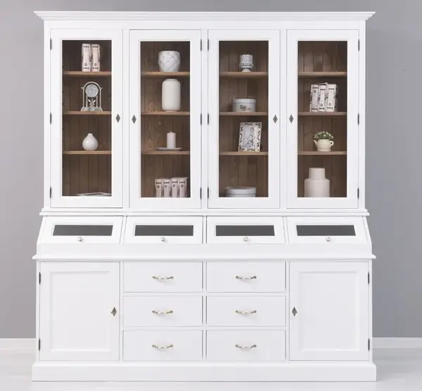 Bufet mare cu 2 usi, 6 sertare, 4 compartimente cu usa sticla BAS + 4 usi sticla SUP cu finisaj White / Walnut Waxed