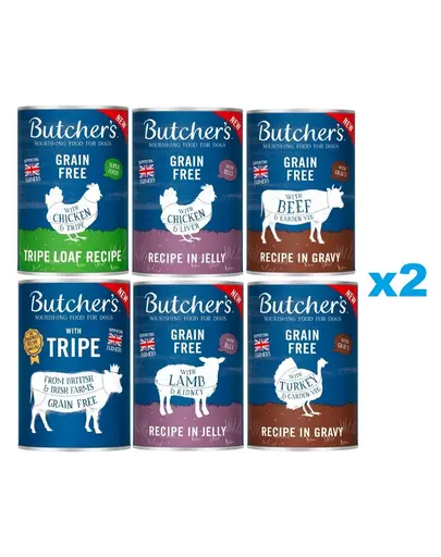 BUTCHER'S Original Mix arome 12x400g sos (vita, curcan) jeleu (pui, miel) pate (rumen, pui si rumen)