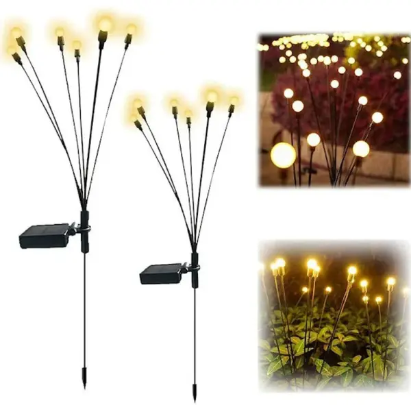 BZRSH Set 2 Lampi Solare LED Alb Cald 6 Bulbi Efect Licurici Decoratiune Gradina Alb cald