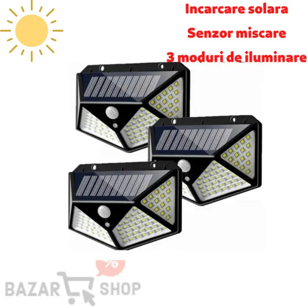 BZRSH Set 3 Lampi Solare 100 LED 270 1800mAh IP65 Senzor PIR 4 Fete 3 Moduri 3
