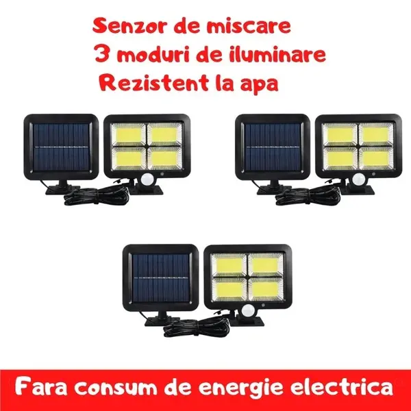 BZRSH Set 3 Proiectoare Solare 120 LED Senzor Miscare 3 Moduri Iluminare