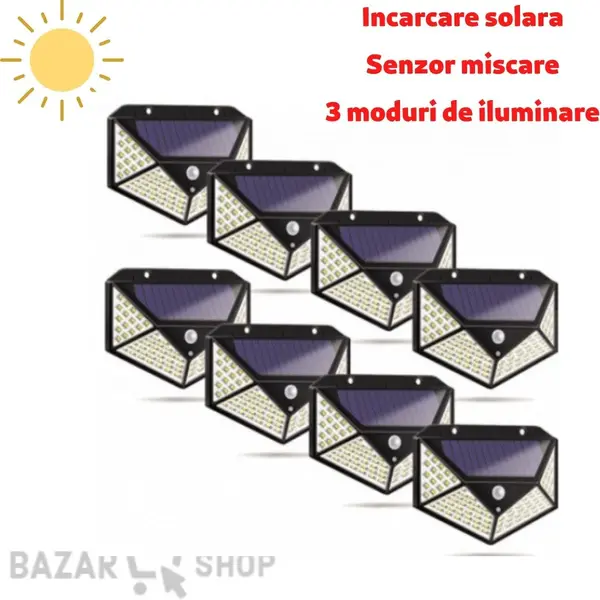 BZRSH Set 8 Lampi Solare 100 LED Senzor Miscare 3 Moduri Functionare Exterior