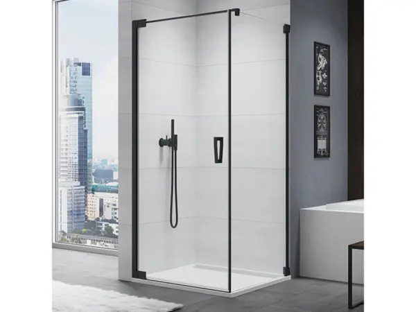 Cabina de dus 75x75 cm cu usa batanta si profil compensator, negru mat, instalare usa stanga, Ronal Cadura