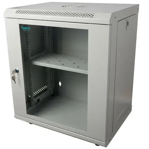 Cabinet 19″ SPACER 12U 500x400mm, fixare pe perete, Flatpack (dezasamblat), usa sticla cu blocare, panouri detasabile, otel 1mm, sarcina maxima 25Kg, contine un raft si roti, gri
