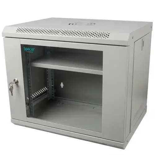 Cabinet 19″ SPACER 9U 500x400mm, fixare pe perete, Flatpack (dezasamblat), usa sticla cu blocare, panouri detasabile, otel 1mm, sarcina maxima 25Kg, contine un raft, Gri