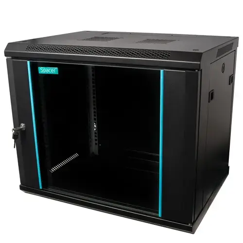 Cabinet cu fixare pe perete Spacer SPCW-9U-450-BK-03, 9U, 19inch, Flatpack (dezasamblat), usa sticla cu blocare, panouri detasabile, otel 1.5mm, sarcina maxima 60Kg (Negru)