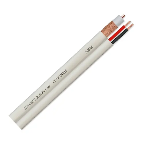 Cablu coaxial RG59 + alimentare 2×0.75 mm², conductor central cupru 100%, manta PVC alb, rola 100 m, TSY Cable