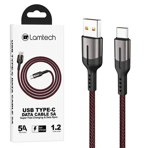 Cablu Date si Incarcare Lamtech, USB la Type-C, 5A, 1.2m, Negru/Rosu
