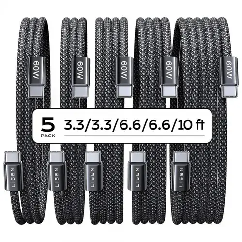 Cablu Date si Incarcare USB-C - USB-C Lisen YL0123070010, 60W, 2 x 1m, 2 x 2m, 1 x 3m, Set 5 bucati, Negru