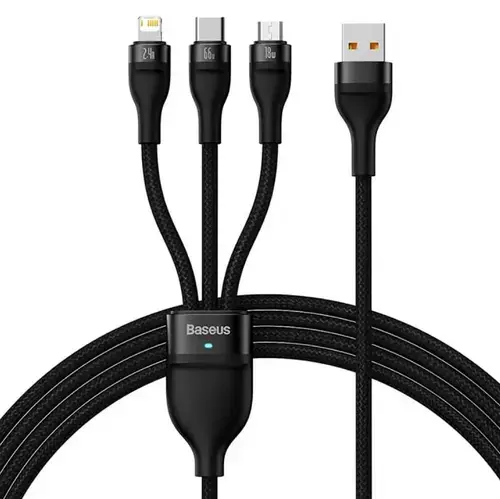 Cablu de date 3in1 Baseus Flash Series 2 CASS040001, USB - USB-C + micro USB + Lightning, 66W, 1.2m