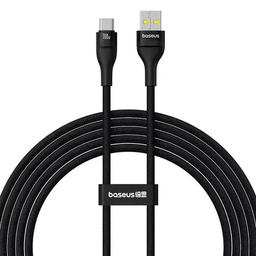 Cablu de date Baseus Flash 2, USB-A la USB-C, 2 m, 100 W (Negru)