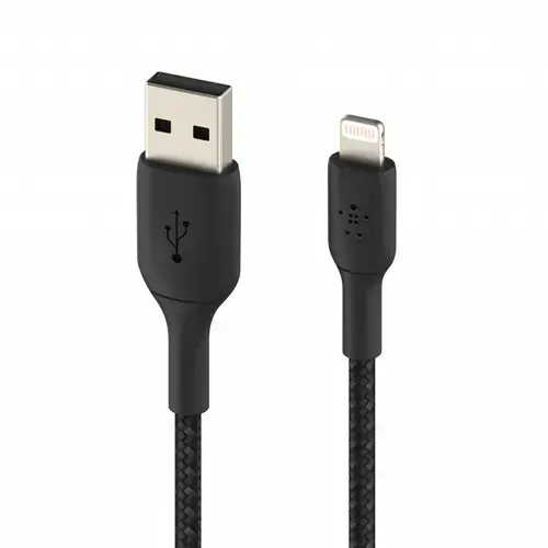 Cablu de date Belkin BOOST CHARGE, USB-A la Lightning, Impletit, 0,15m (Negru)