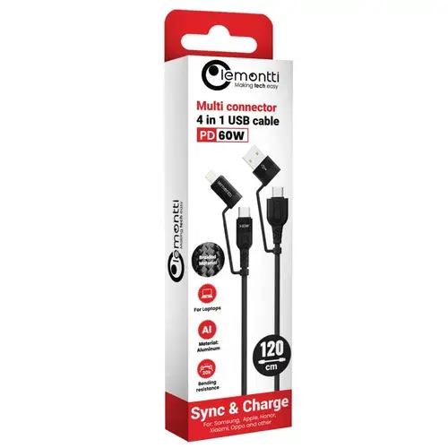 Cablu de date Lemontti LEMCF4IN1PDN, Multi-connector 4 in 1, USB-A & Type-C la Type-C & Lightning, PD, 1.2m, Negru