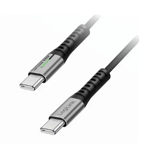 Cablu de date si alimentare LogiLink CU0434, USB 3.2, USB Gen Type-C (T) la USB Type-C (T), 2m, PD 100W, 3 x ecranat, 4K/60Hz, 20Gbps, LED, metal (Negru)