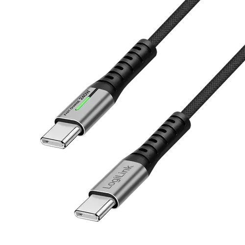 Cablu de date si alimentare LogiLink CU0442, USB 3.2, USB Gen Type-C (T) la USB Type-C (T), 1m, PD 240W, 3 x ecranat, 4K/60Hz, 20Gbps, LED, metal (Negru)