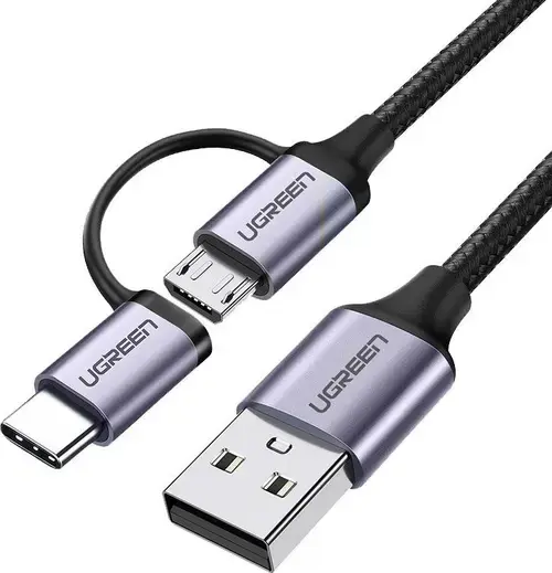 Cablu de date Ugreen 30875, micro-USB + USB-C la USB-A, 1m (Gri)