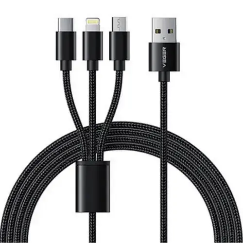 Cablu de date Veger V303, impletit, USB - Lightning/Type-C/micro USB, 1.5m, Negru