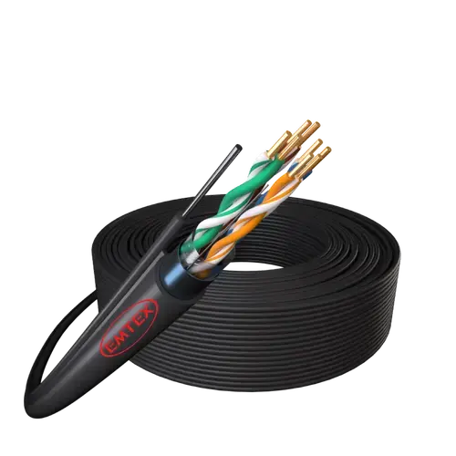 Cablu Emtex F/UTP cu sufa, Cat.5e, Cupru, 24AWG/1, manta PE, Fca, de exterior, rezistent UV, Fluke Pass, tambur 305m, Negru