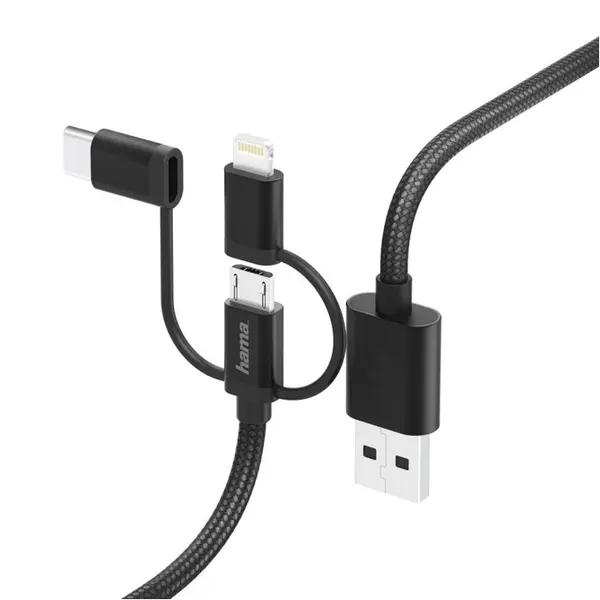 Cablu Hama - 3 в 1, USB-A/Micro USB/Lightning/USB-C, 1.5 m, negru