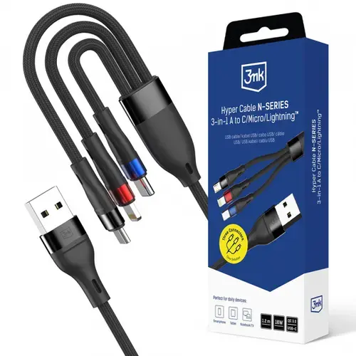 Cablu Incarcare 3MK Hyper N USB-A - Lightning / microUSB / USB-C, 18W, 1.2m (Negru)