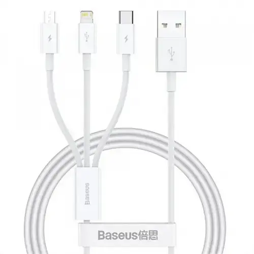 Cablu Incarcare Baseus 3in1, USB-A - Lightning / microUSB / USB-C, 100W, 1.5m (Alb)