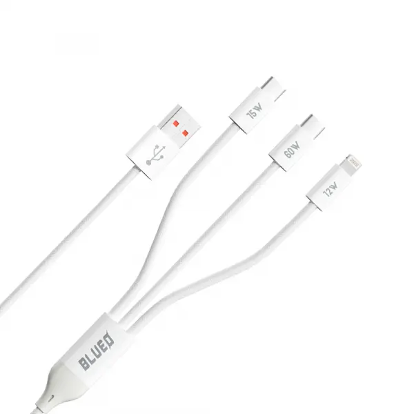 Cablu Incarcare USB-A - Lightning / 2 x USB-C Blueo, 75W, 1.2m, Alb