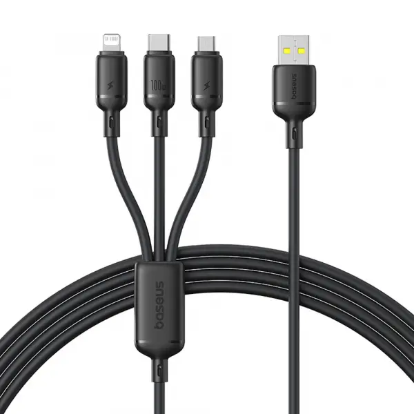 Cablu Incarcare USB-A - Lightning / microUSB / USB-C Baseus Silky 3in1, 100W, 1.5m, Negru P10377705123-00