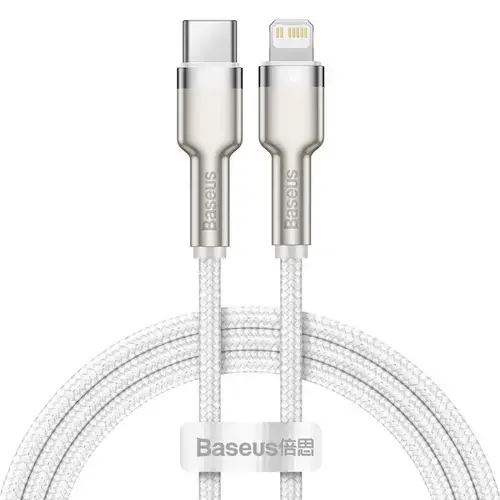 Cablu pentru incarcare si transfer de date Baseus Cafule Metal, USB Type-C/Lightning, Power Delivery 20W, 2m, Alb