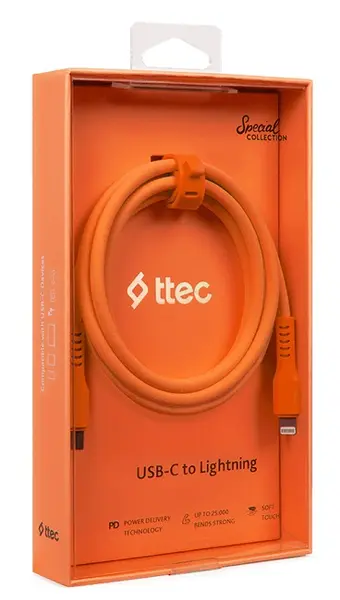 Cablu ttec - Data, USB-C/Lightning, 1.2 m, Neon Orange
