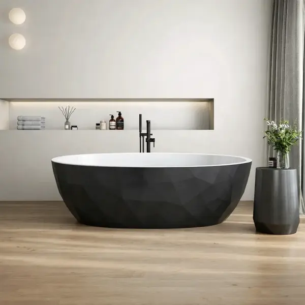 Cada freestanding compozit, negru cu alb, forme 3D, ovala 167 x 82 cm, Foglia Armonia