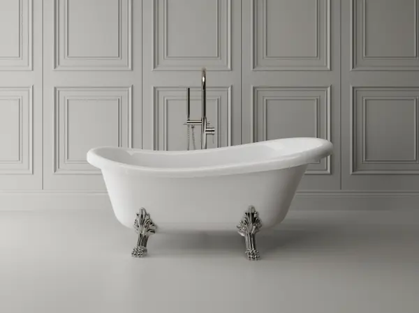 Cada freestanding ovala, compozit alb lucios, 157x72x66.5 cm Foglia Retro