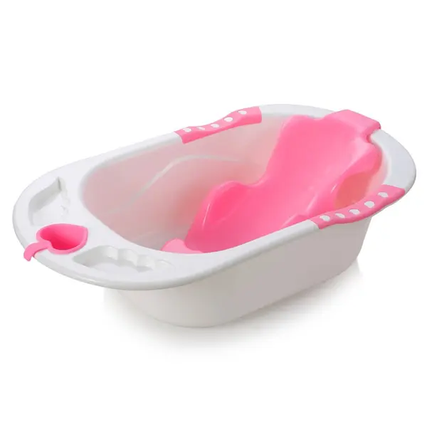 Cadita bebelusi Little Mom Angel Pink cu reductor detasabil ergonomic cu fixare in ventuze inclus, echipata cu manere antiderapante, Dop de scurgere, 88 x 51 x 22 cm