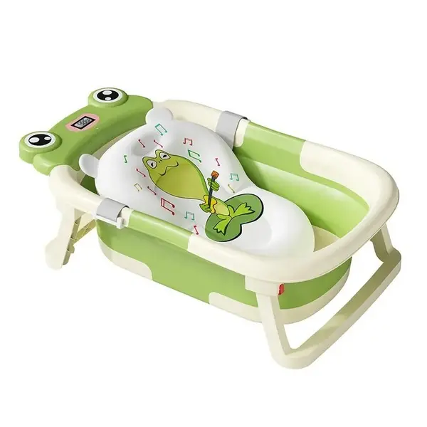 Cadita bebelusi ultrapliabila Little Mom Green Frog, cu pernuta moale detasabila, termometru display digital, suport cap de dus, dop pentru evacuarea apei, material Non-Toxic