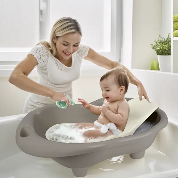 Cadita cu suport anatomic Hippo gri, designul usor si compact, cu dop de scurgere , 6 luni+