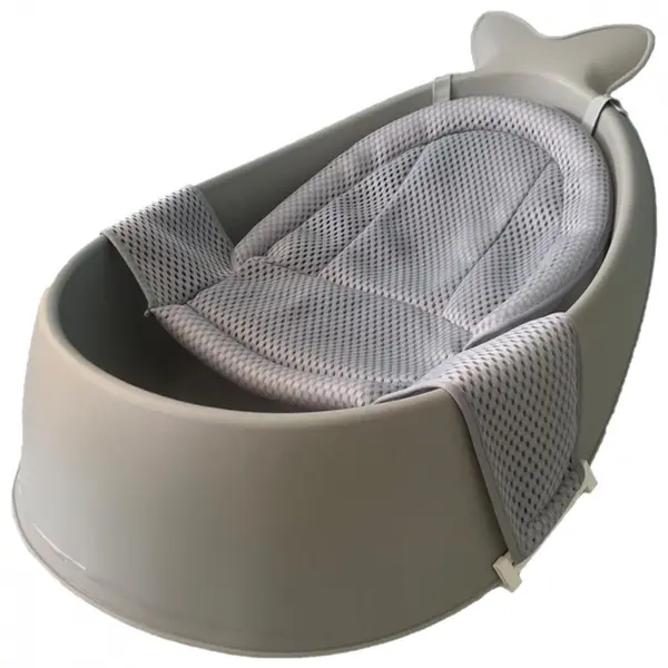 Cadita pentru bebelusi Little Mom Grey Splashy Whale Tub, design ergonomic, cu dop de scurgere, carlig integrat, dimensiune 78 x 55 x 34 cm, Hamac din plasa inclus