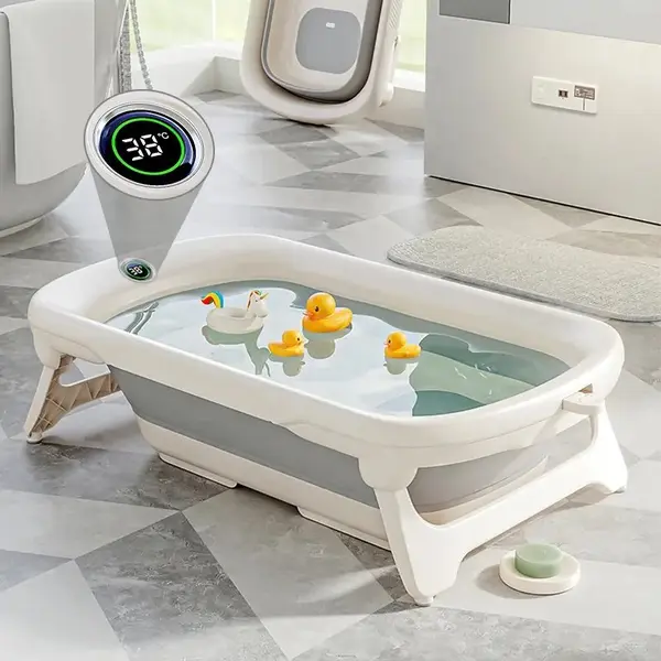 Cadita pentru copii Little Mom Grey, pliabila, design compact, afisaj temperatura color in functie de temperatura apei, cu suprafete antiderapante, dimensiune 84.5 x 50.3 x 23cm