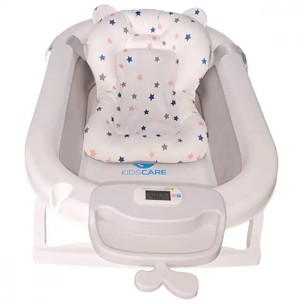 Cadita pliabila KidsCare Gri cu termometru, perna reductor, jucarii, protectie cap, cana pliabila