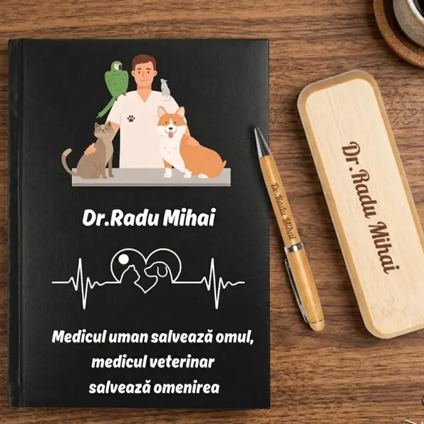 Cadou pentru Doctor Veterinar - Agenda personalizata + set scris