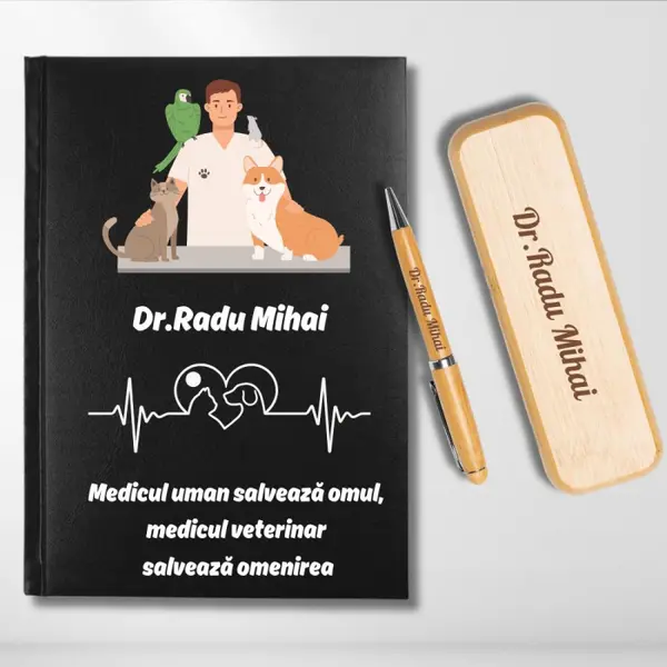 Cadou pentru Doctor Veterinar - Agenda personalizata + set scris