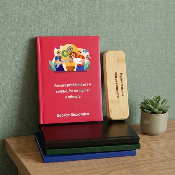 Cadou pentru Inginer Mecanic- Agenda personalizata + set scris Bambo
