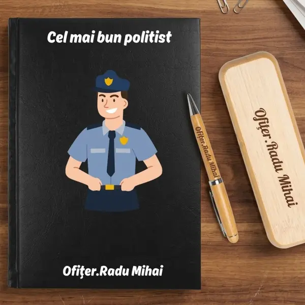 Cadou pentru politist- Agenda personalizata + set scris