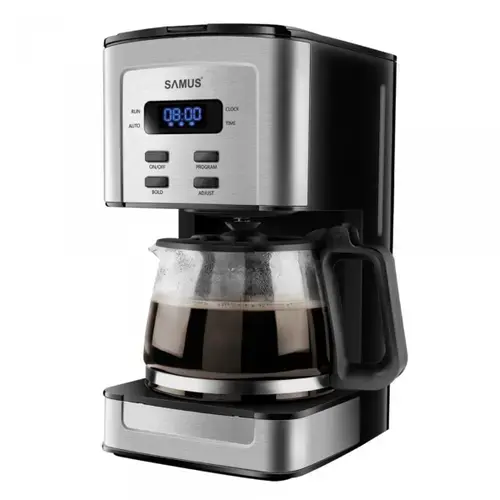 Cafetiera cu timer Samus TEMPORA, 800 W, Rezervor 1.3 l, 8-10 cesti, Timer, Filtru permanent, Cana din sticla termorezistenta (Negru/Inox)