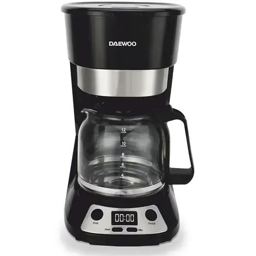 Cafetiera Daewoo DCM90BX, 900 W, 1.5 litri, display LCD, filtru permanent, anti-picurare, timer, functie pornire automata, mentinere cald 40 min (Negru/Inox)