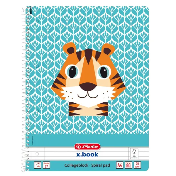 Caiet cu spira A4, 80 file, Cute Animals Tiger, Herlitz, dictando